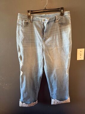 Light Blue Women’s Distressed Jeans with Lace Hem
